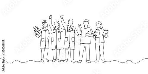 A single continuous line of a healthcare professionals celebrating global health achievements, vector illustrator