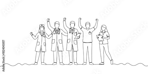 A single continuous line of a healthcare professionals celebrating global health achievements, vector illustrator