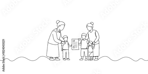 A single continuous line of a person helping a family access microfinance, symbolizing microfinance and financial inclusion, vector illustrator
