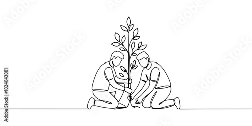 A single continuous line of a person planting trees, symbolizing nature conservation and sustainability, vector illustrator