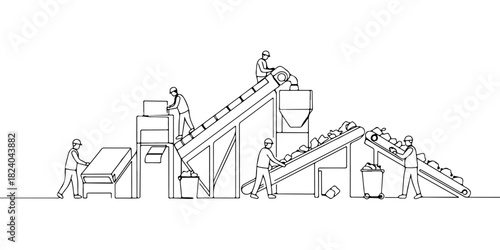 A single continuous line of a recycling plant with workers, symbolizing waste management technology, vector illustrator