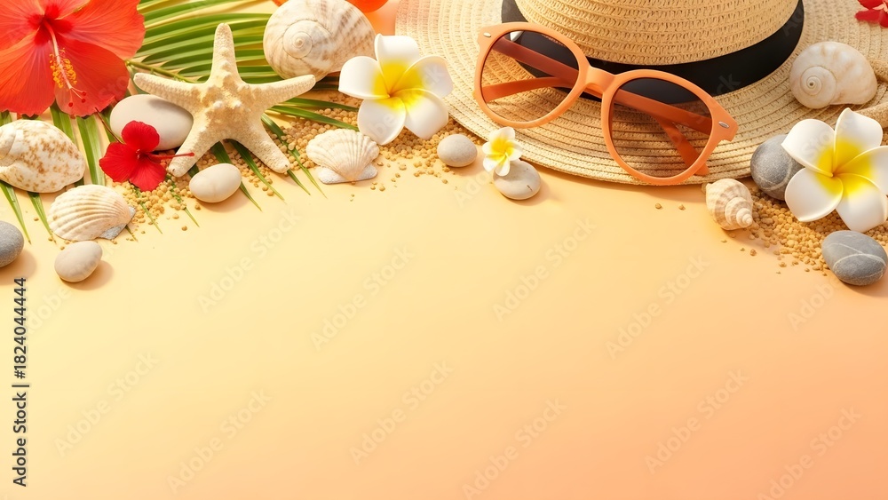Fototapeta premium Tropical Summer Beach Vacation Flat Lay with Hat, Sunglasses, and Seashells perfect for website banner, social media post, travel brochure, greeting card, blog