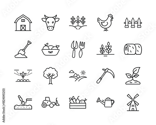Modern minimalist line art icons collection depicting essential elements of agriculture, farming, and rural life, including tools, animals, and crops. Vector, illustration