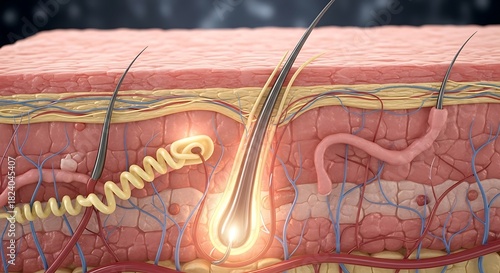 Detailed Skin Anatomy Illustration with Hair Follicle and Blood Vessels.