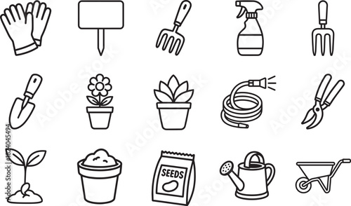 A comprehensive collection of gardening tools icons in a minimalist style, symbolizing the essence of cultivation and growth.