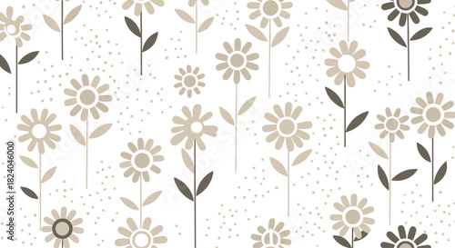 Seamless floral pattern with simple stylized beige daisies and dark stems scattered over a dotted white background design.