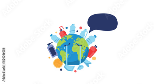 Conceptual illustration of a crying planet Earth overwhelmed by plastic bottle pollution with an empty speech bubble above.