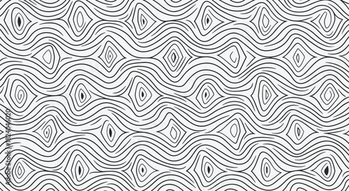 Abstract seamless pattern of hand-drawn black wavy lines and diamond shapes creating a wood grain or fingerprint texture.