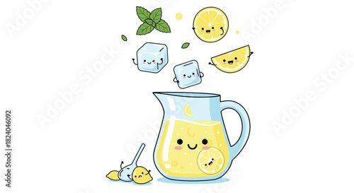 Adorable kawaii illustration of a lemonade pitcher with cute lemons ice cubes and mint leaves for a refreshing summer drink.