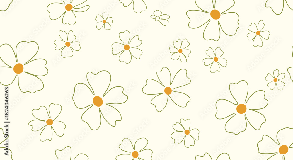 Obraz premium Simple and cute seamless floral pattern with hand-drawn outline daisies on a light yellow background for a fresh design.