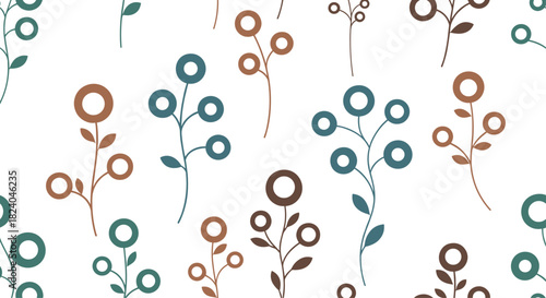 Seamless pattern of stylized geometric plants with circle flowers in earthy tones of blue and brown on a white background.
