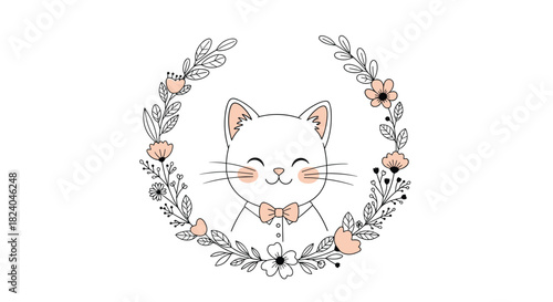 Adorable illustration of a cute smiling white cat wearing a bow tie framed by a delicate hand-drawn floral wreath.