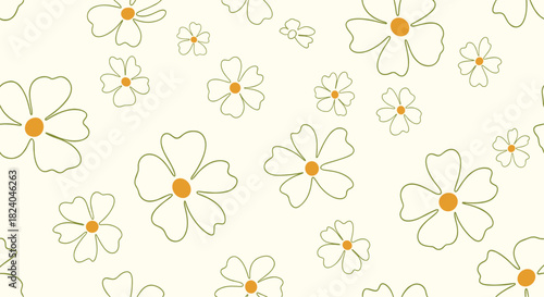 Simple and cute seamless floral pattern with hand-drawn outline daisies on a light yellow background for a fresh design.