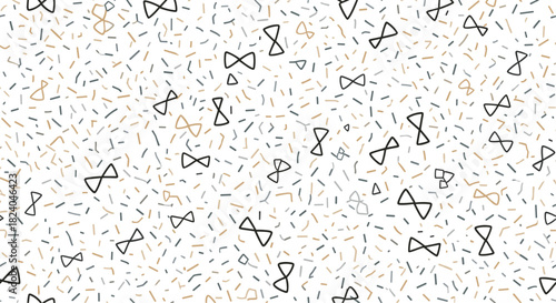Abstract seamless pattern with scattered hand-drawn bow shapes and confetti-like lines on a clean white background.