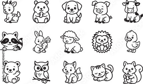 An adorable collection of cute cartoon animal illustrations that brings cheer and delight. These black and white illustration embody playful design, capturing innocence and charm. 