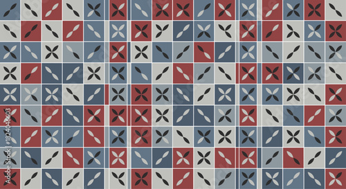Geometric tile pattern with a grid of squares containing stylized four-petal shapes in a patriotic red white and blue.