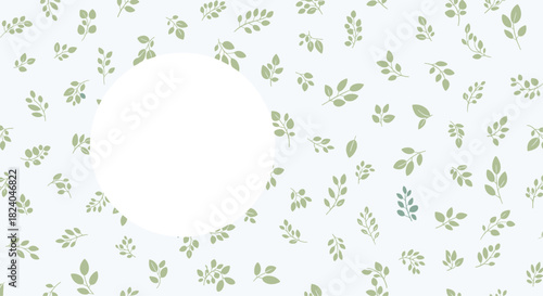 Simple and fresh background with a pattern of scattered green leaves and a central circular frame for text or a logo.