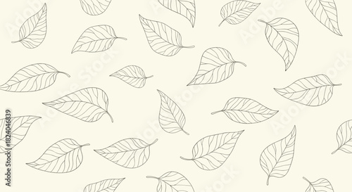 Elegant seamless pattern of scattered hand-drawn outline leaves on a light beige background for a natural and calm design.