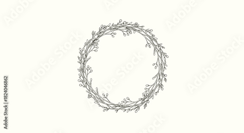 Elegant hand-drawn botanical wreath made of delicate branches and buds creating a simple and rustic circular frame design.