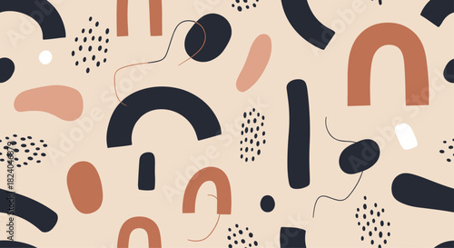 Seamless abstract pattern with a variety of hand-drawn shapes including arches dots and lines in a modern earthy palette.