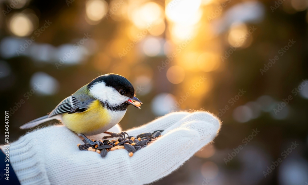 Obraz premium A hungry titmouse sits on a woman's palm and pecks seeds in winter. Feeding and caring for wild birds in winter