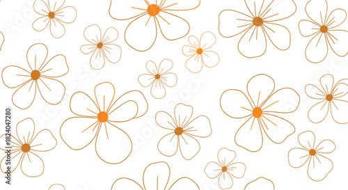 Minimalist seamless pattern of hand-drawn outline flowers with orange centers creating a simple and elegant floral design.