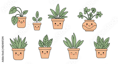 A cute collection of various kawaii houseplants in pots with adorable smiling faces for a fun and friendly character design.