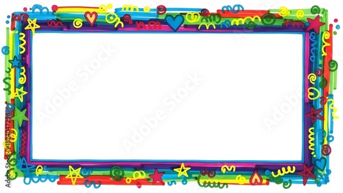 Playful Rainbow Doodle Rectangle Frame with Hearts and Stars perfect for Greeting cards, party invitations, social media graphics, website banners, children's