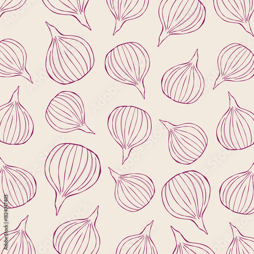 Simple outline drawing onions seamless pattern on beige background