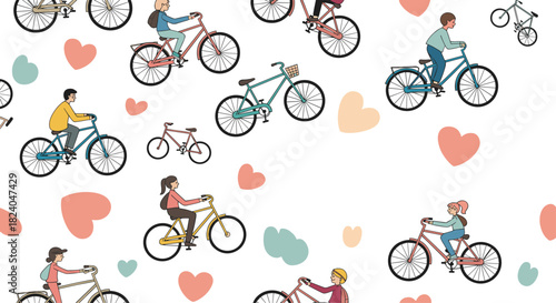 A fun seamless pattern with diverse people riding bicycles among colorful hearts promoting an active and healthy lifestyle.