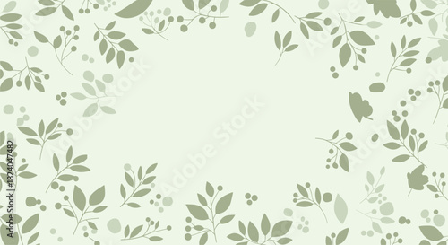 A subtle green botanical background with a frame of leaves and berries creating a natural border with central copy space.