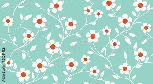 A simple seamless floral pattern with cute white flowers on climbing vines over a solid pastel teal-colored background.