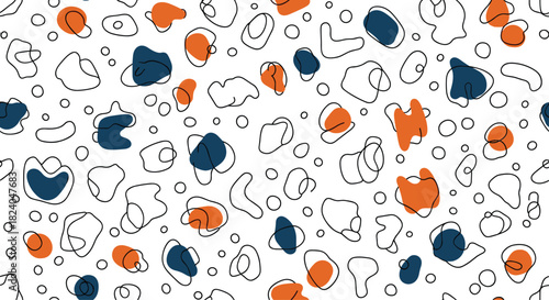 A modern seamless pattern with a mix of hand-drawn abstract shapes outlines and colorful spots for a playful design.