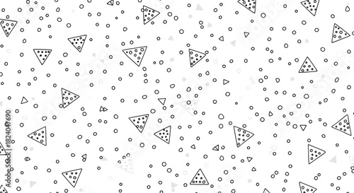 A fun seamless pattern of hand-drawn doodle triangles and dots creating a playful and chaotic black and white background.