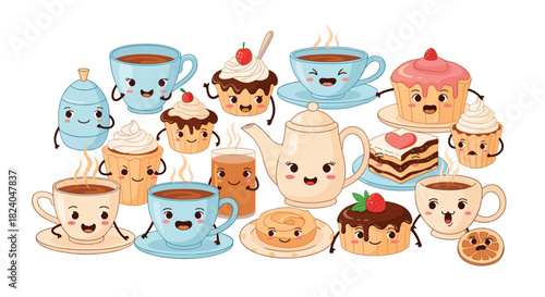 A delightful collection of cute kawaii dessert and coffee characters including cupcakes and tea for a sweet food party.