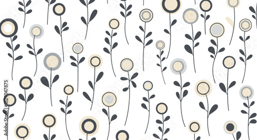 A seamless pattern of simple and stylized mid-century modern flowers in a neutral color palette for a retro background.