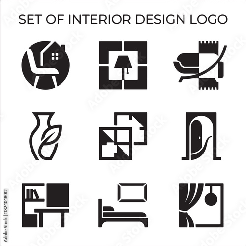 A comprehensive set of modern interior design logo icons for home furniture and decor, crafted as vector graphics for effective branding.