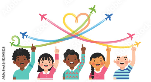 Global dreams illustrated diverse children pointing at airplanes forming heart shape