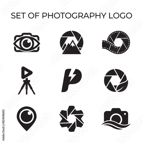 A versatile set of modern photography logo icons featuring diverse camera and aperture symbols in bold black and white vector design, perfect for professional branding and creative design projects.