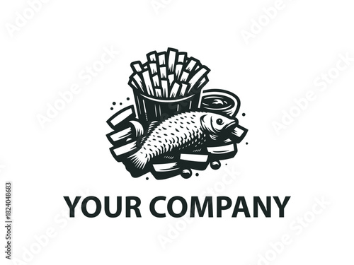 Fish and chips silhouette shaped into a clean black vector emblem. Food icon concept