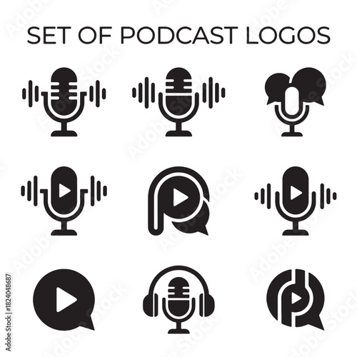 Modern black vector set of podcast logo icon designs featuring microphone and audio wave elements for digital broadcast and listening apps.