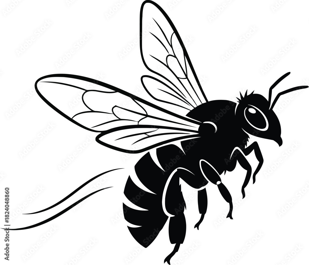 Obraz premium “Detailed bee silhouette with visible wings and body segments, clean vector, nature insect illustration.