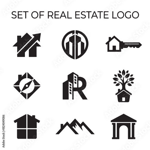 Dynamic Modern Real Estate Logo Collection featuring diverse House and Building Icons, a versatile Vector Design for Property branding and digital applications.