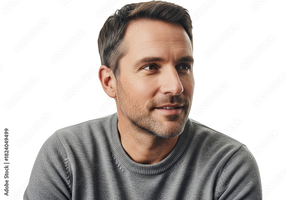 Obraz premium A close-up portrait of a man with short hair and a beard wearing a gray sweater, gray, man, portrait, pose, smile, stare, sweater 