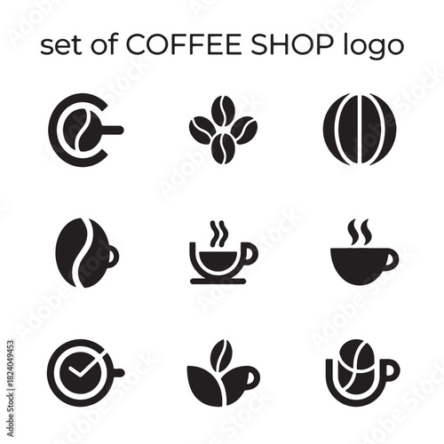 A set of minimalist black vector coffee shop logos and icons, featuring beans and cups for modern design projects.