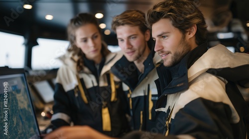 A ship’s crew reviewing a load distribution map on a navigation screen, balancing cargo across compartments to maintain stability in rough seas — maritime engineering, vessel safety, and global
