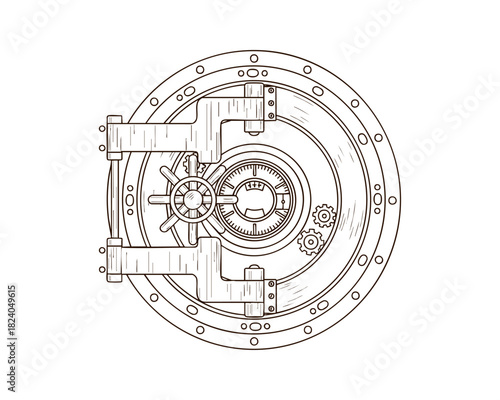 Heavy Bank Vault Door with Detailed Lock Mechanism — Line Art Illustration