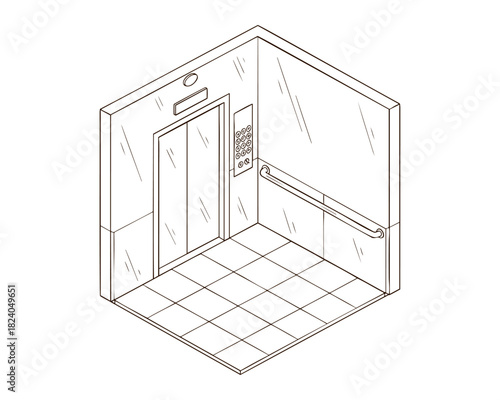 Isometric-Style Elevator Interior with Doors and Panels — Line Art Illustration