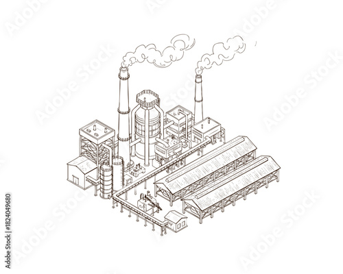Isometric-Style Steel Mill with Industrial Structures — Line Art Illustration