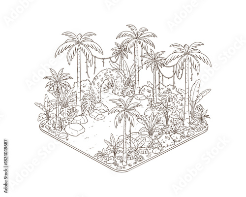 Isometric-Style Jungle Scene with Trees and Dense Nature — Line Art Illustration